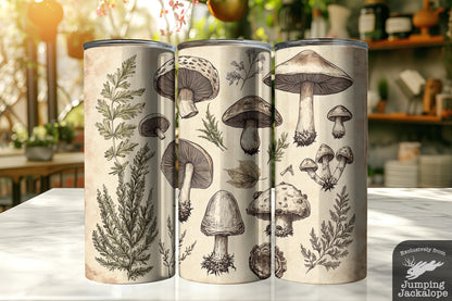 Botanical Mushroom Sketch Tumbler – Vintage Mycology with Rustic Nature Accents | 20oz Tumbler