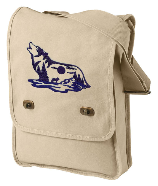 Wolf Messenger bag, Wolf Canvas Bag, Wolf Silhouette Scene Embroidered Canvas Field Bag