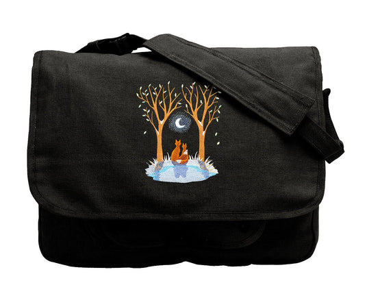 Moonlit Frost Scene, Fox Bag, Fox Embroidered Canvas Messenger Bag
