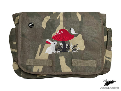 A Curious Find Bunny and Mushroom Design Embroidered Classic Canvas Messenger Bag