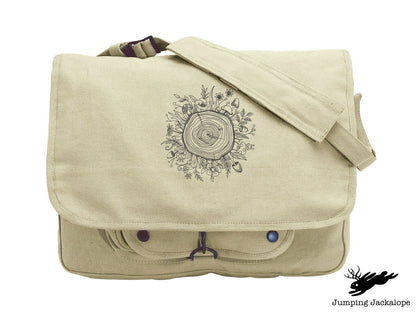Botanical Tree Rings Embroidered Canvas Messenger Bag