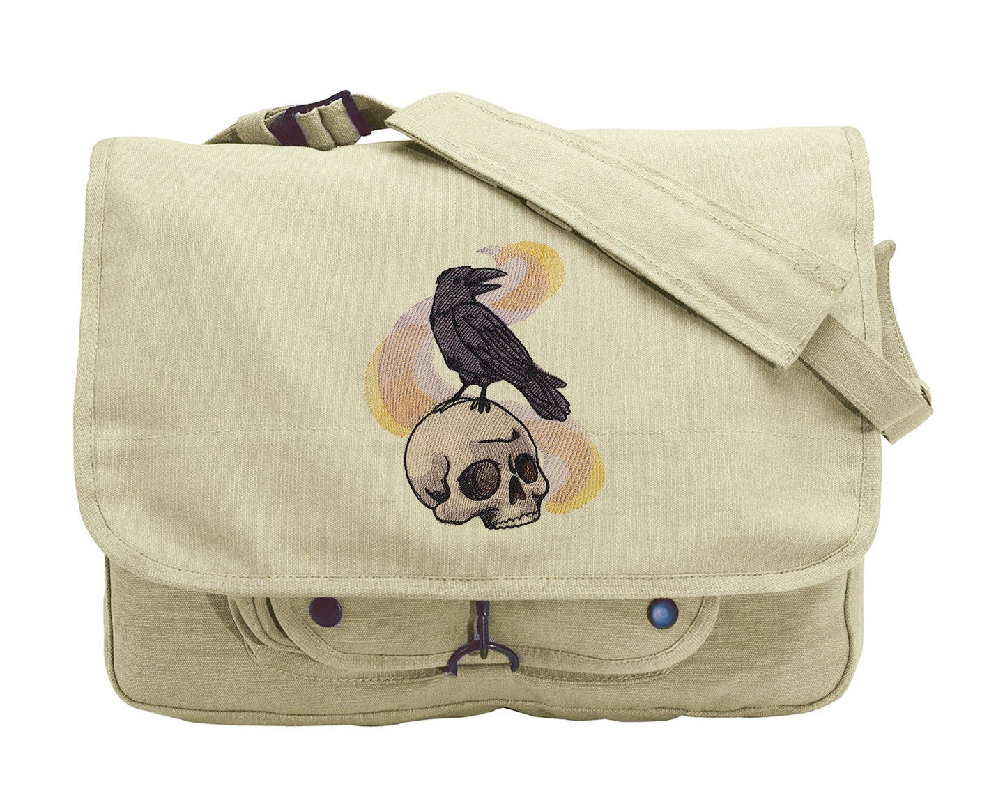 Painted Skull and Raven Embroidered Canvas Messenger Bag
