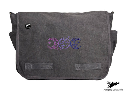 Triple Moon Design Embroidered Classic Canvas Messenger Bag,