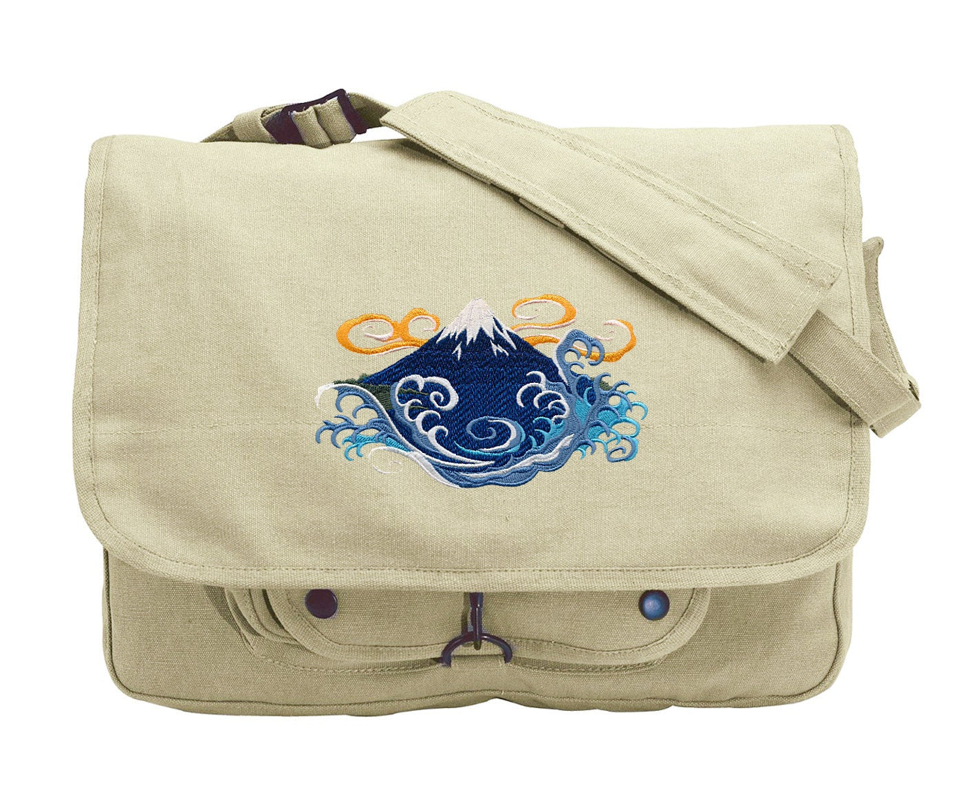 Whirling Waves - Mount Fuji Embroidered Canvas Messenger Bag