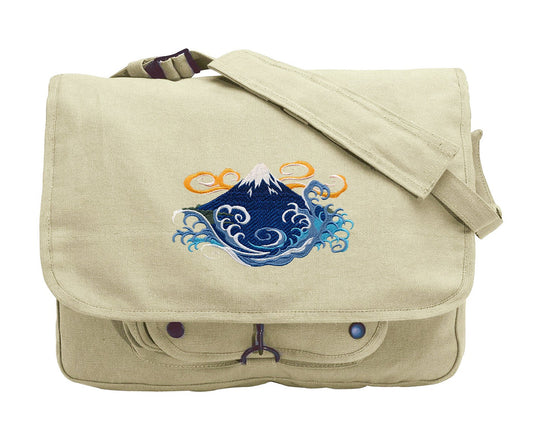 Whirling Waves - Mount Fuji Embroidered Canvas Messenger Bag
