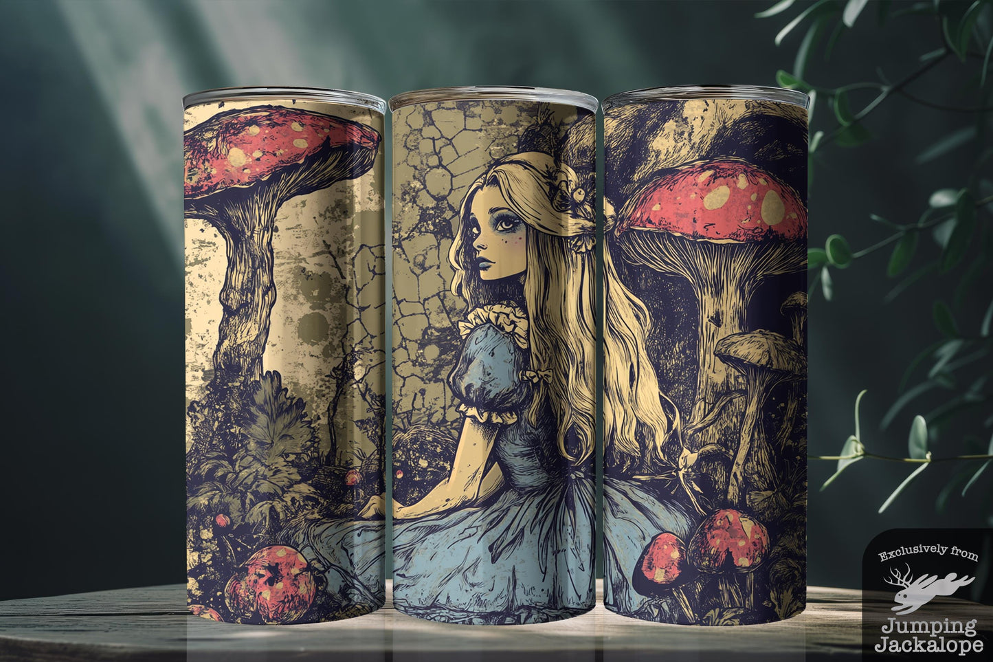 Shadowed Wonderland Tumbler – 20oz Sublimated Gothic Alice Cup | Mushroom Forest Scene | Customizable Dark Fairytale Gift