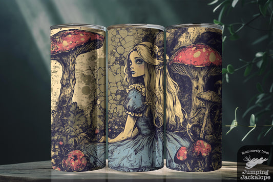 Shadowed Wonderland Tumbler – 20oz Sublimated Gothic Alice Cup | Mushroom Forest Scene | Customizable Dark Fairytale Gift