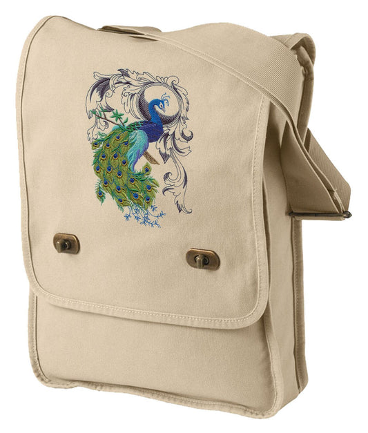 Peacock Flourish Embroidered Canvas Field Bag