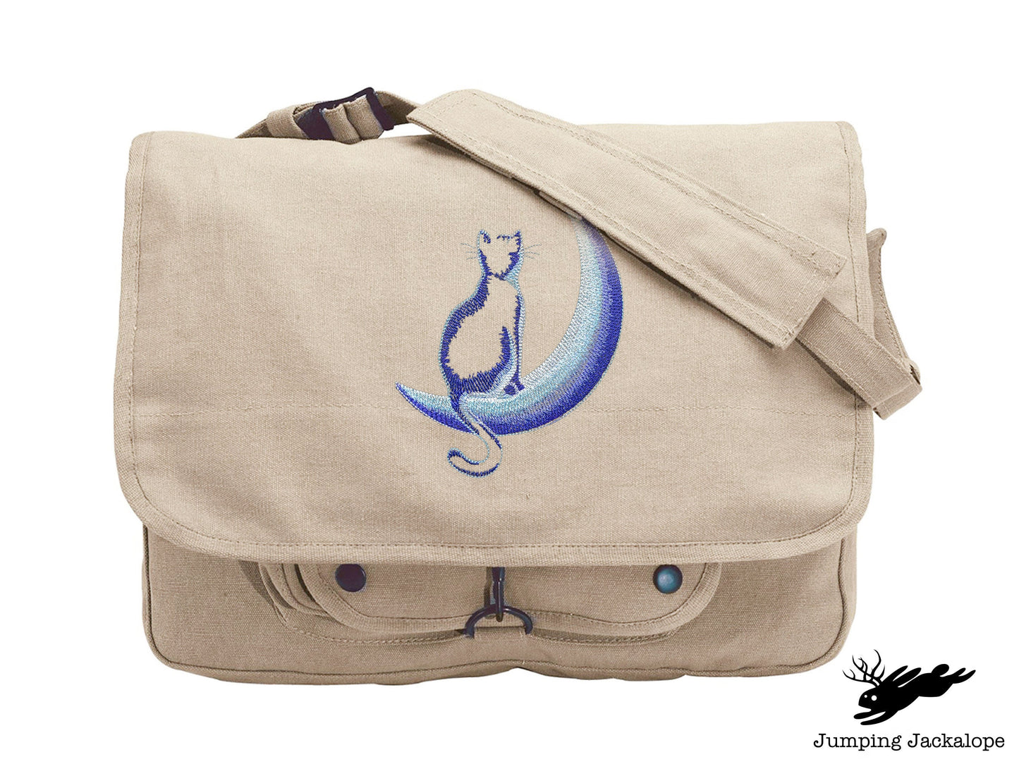 Crescent Moon Glow Cat Embroidered Canvas Messenger Bag,  Cat Bag, Cat Moon Bag