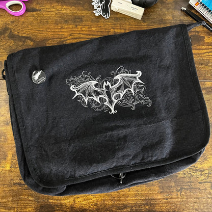 Elegant Bat Embroidered Canvas Messenger Bag