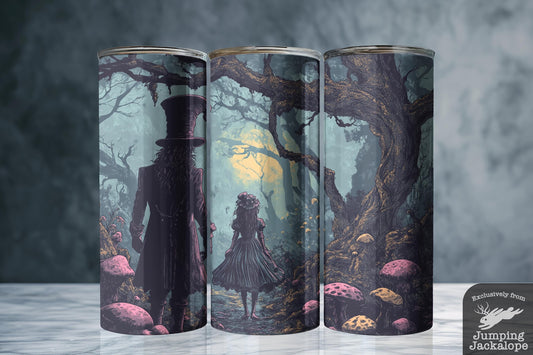 Haunted Wonderland Tumbler – 20oz Alice & Hatter Among Glowing Mushrooms | Gothic Adventure Gift