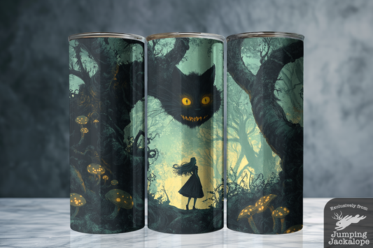 The Grinning Guide Tumbler – Alice & Cheshire in Gothic Wonderland | 20oz Sublimated Scene