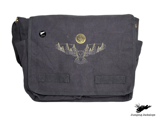 Under the Full Moon Forest Night Owl Embroidered Classic Canvas Messenger Bag