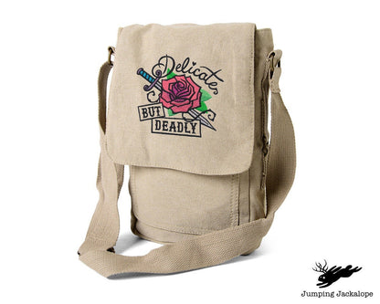 Femme Fatale - Delicate but Deadly Embroidered Canvas Tech, Tablet, iPad, Kindle, Fire, Camera Bag