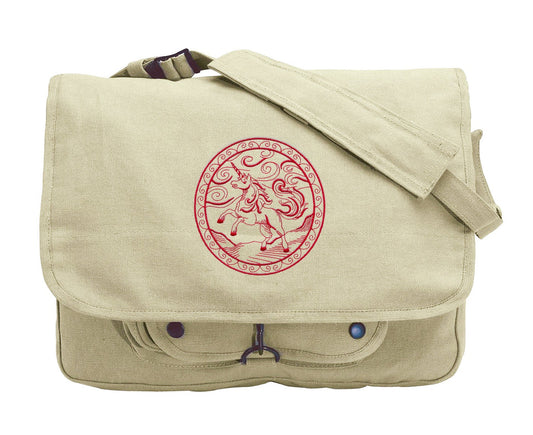 I Believe That There Are Unicorns (Redwork) Embroidered Canvas Messenger Bag