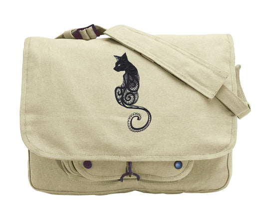 Swirling Cat Bag, Cat Messenger Bag, Cat Canvas Bag, Dark Creatures - Cat Embroidered Canvas Messenger Bag