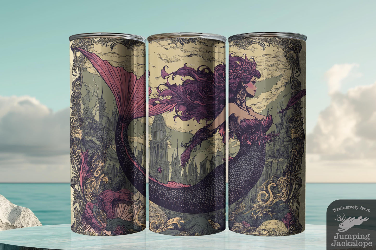 Shadow Siren Queen Tumbler – 20oz Regal Mermaid in Gothic Waters | Dark Fantasy Ocean Art