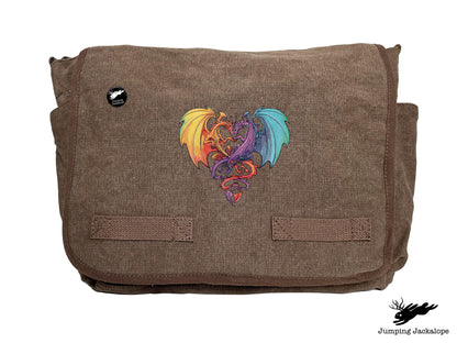 Intertwined Rainbow Heart Dragons Embroidered Classic Canvas Messenger Bag