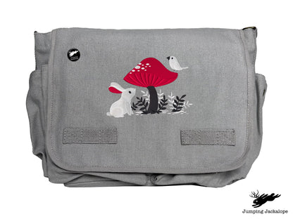 A Curious Find Bunny and Mushroom Design Embroidered Classic Canvas Messenger Bag