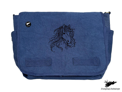 Untamed Beauty Horse Embroidered Classic Cotton Canvas Messenger Bag