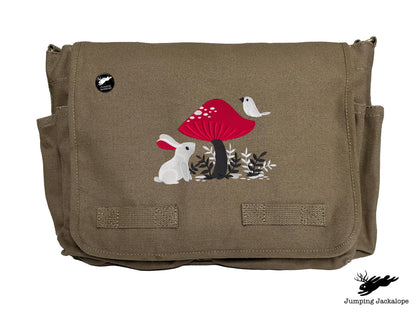 A Curious Find Bunny and Mushroom Design Embroidered Classic Canvas Messenger Bag
