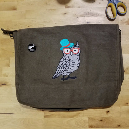 Nerdy Owl Messenger Bag, Owl Canvas Bag, Nerd, Brainy, Geek Owl, Brainy Owl in Glasses Embroidered Canvas Messenger Bag