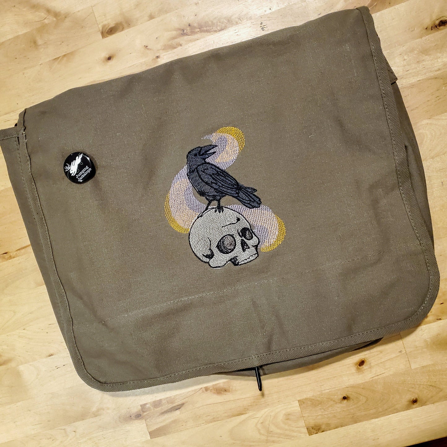 Painted Skull and Raven Embroidered Canvas Messenger Bag