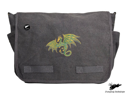 Gilded Patina Dragon Embroidered Classic Canvas Messenger Bag