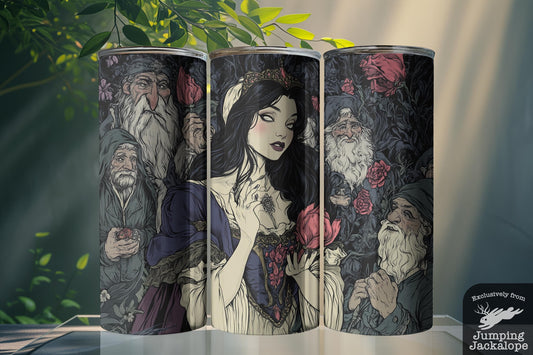 Snow White Gothic Fairytale Tumbler – 20oz Dark Fantasy Art with Seven Dwarves | Whimsical Drinkware