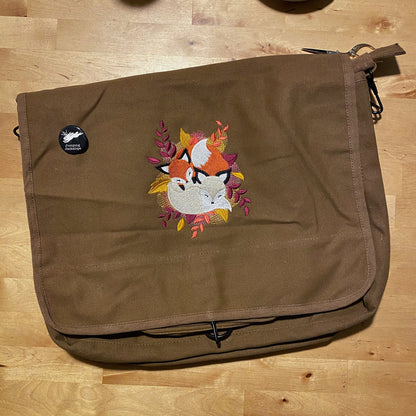Cuddle Foxes Embroidered Canvas Messenger Bag