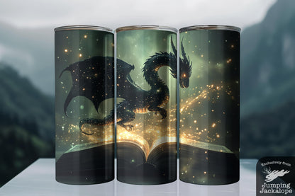 Ember Wyrm Tumbler – 20oz Enchanted Book and Dragon Cup | Dark Magic Fantasy Art Drinkware