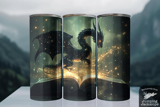 Ember Wyrm Tumbler – 20oz Enchanted Book and Dragon Cup | Dark Magic Fantasy Art Drinkware