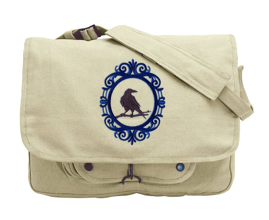 Creepy Cameo Raven Embroidered Canvas Messenger Bag