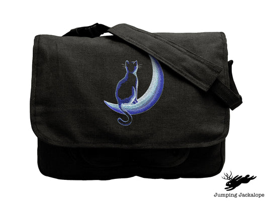 Crescent Moon Glow Cat Embroidered Canvas Messenger Bag,  Cat Bag, Cat Moon Bag