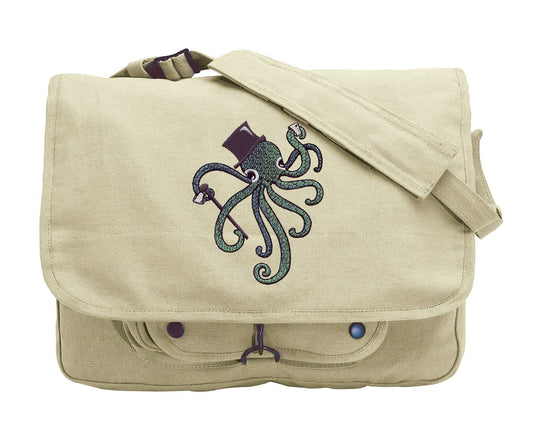 Dapper Octopus Embroidered Canvas Messenger Bag