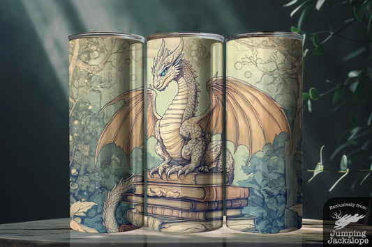 Ivory Lorekeeper Dragon Tumbler – 20oz Elegant Cream Dragon & Books | Storybook Fantasy Art Cup