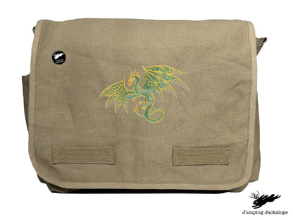 Gilded Patina Dragon Embroidered Classic Canvas Messenger Bag