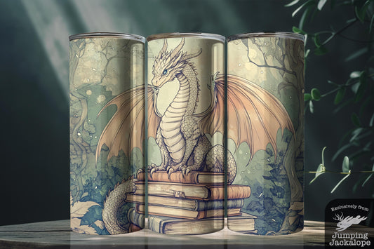 Golden Forest Dragon Tumbler – 20oz Book Stack & Dragon Eggs | Cottagecore Fantasy Drinkware