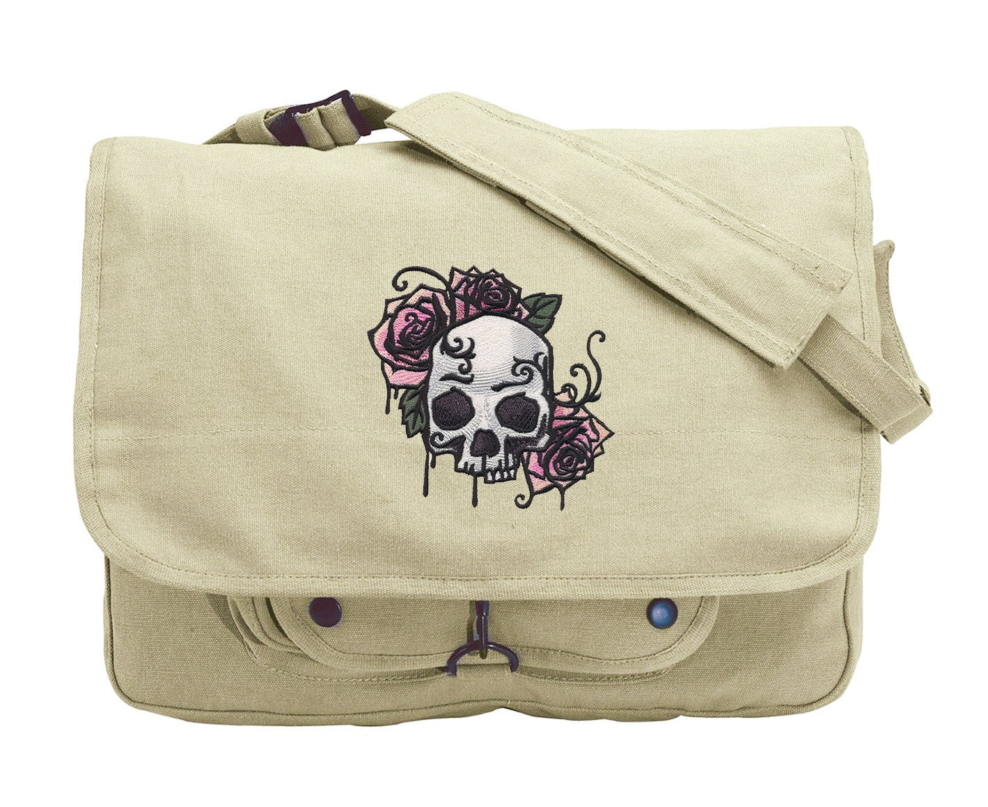 Skull Messenger Bag, Painted Skull and Roses Embroidered Canvas Messenger Bag