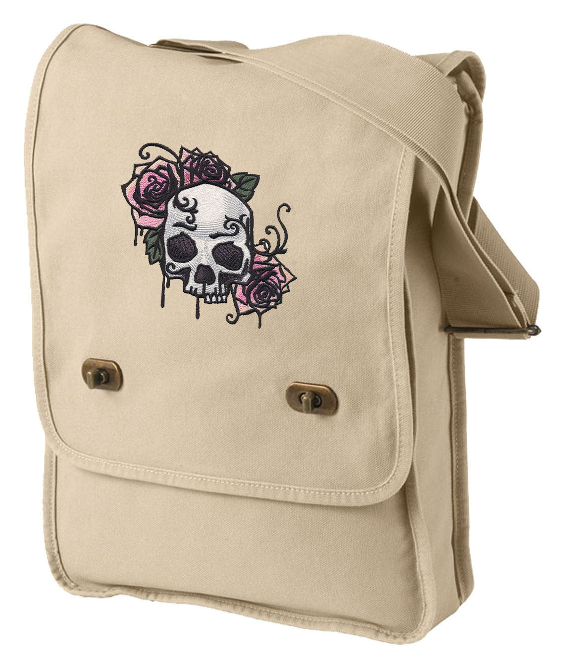 Painted Skull and Roses Embroidered Canvas Field Bag