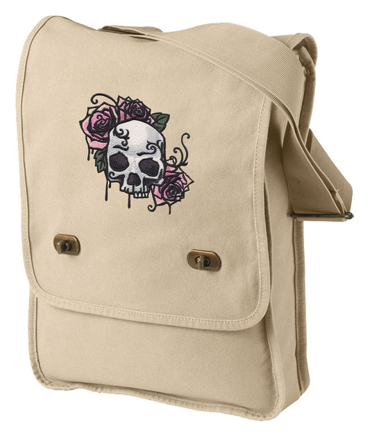 Painted Skull and Roses Embroidered Canvas Field Bag