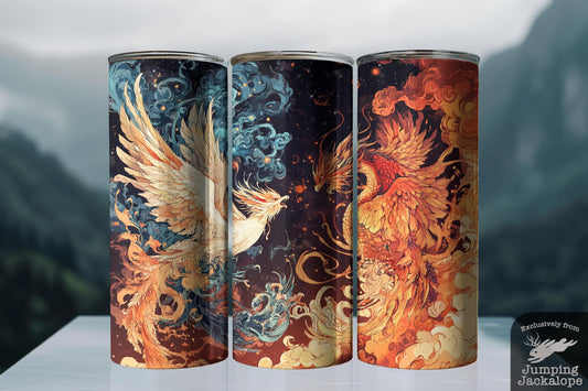 Heavenly Duel Tumbler – Phoenix & Dragon in Galactic Battle | 20oz Celestial Fantasy Cup
