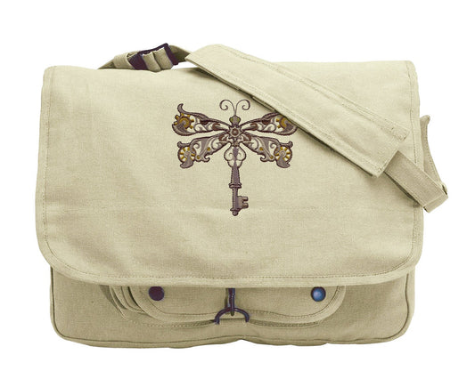 Steampunk Dragonfly Embroidered Canvas Messenger Bag