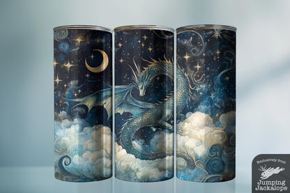 Cosmic Tides Dragon Tumbler – 20oz Moon & Cloud Fantasy Scene | Magical Blue Night Art