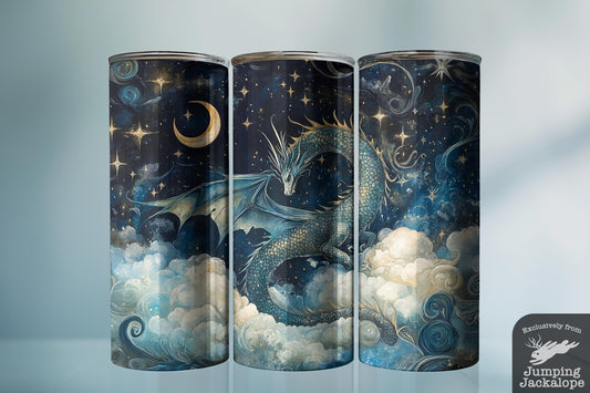 Cosmic Tides Dragon Tumbler – 20oz Moon & Cloud Fantasy Scene | Magical Blue Night Art