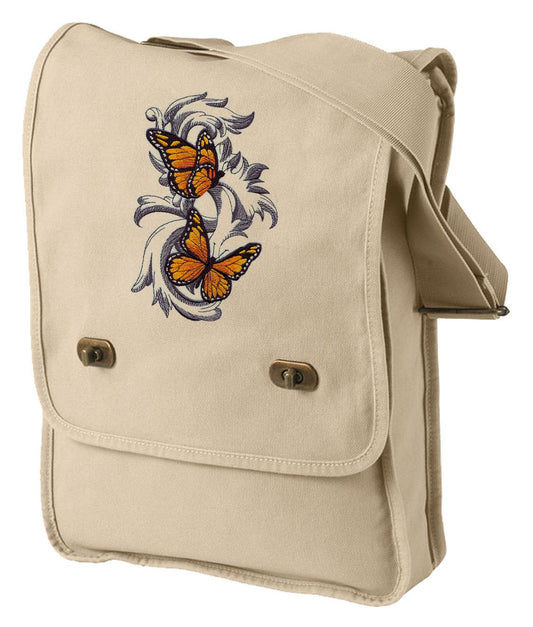 Monarch Butterflies in Flight Embroidered Canvas Field Bag
