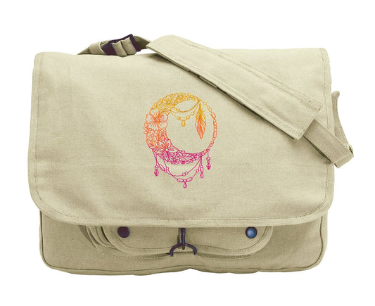 Bohemian Summer - Draped Moon Embroidered Canvas Messenger Bag, Moon Embroidered Canvas Messenger Bag, Moon eclipse messenger bag