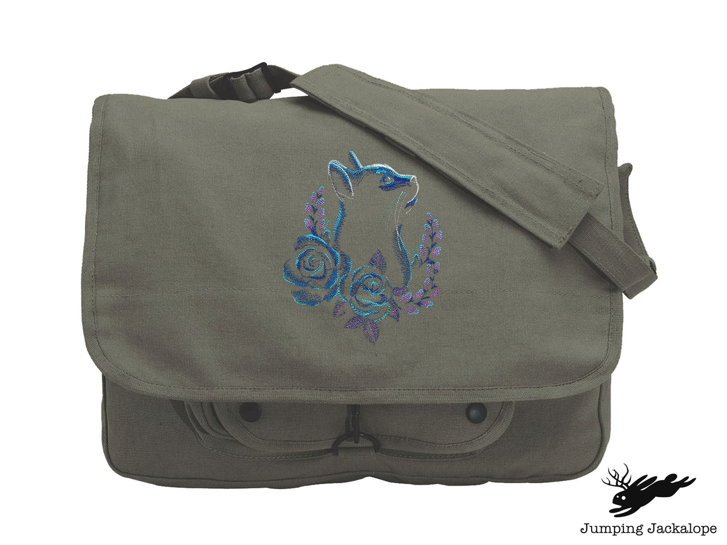 Rose Laurel Cat Embroidered Canvas Messenger Bag,  Cat Bag, Flower Cat Bag
