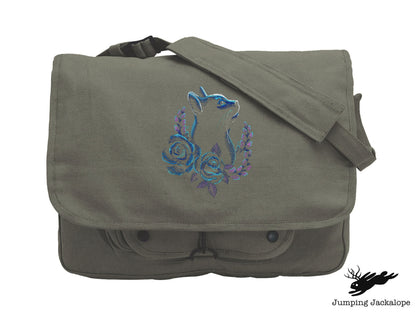 Rose Laurel Cat Embroidered Canvas Messenger Bag,  Cat Bag, Flower Cat Bag