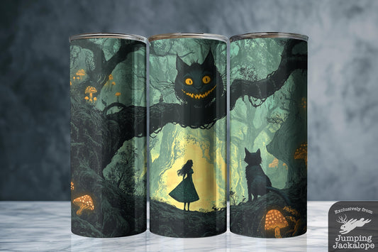 Alice & Cheshire Cat Tumbler – Gothic Forest Wonderland Scene | 20oz Sublimated Cup | Custom Fantasy Gift